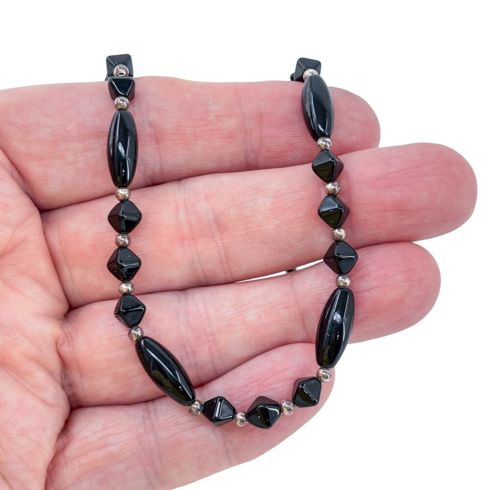 Vintage Sterling Silver 925 Black Glass Beaded Necklace 16.5"
